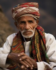 man in traditional dress sitting with his hands folded up, wearing turban