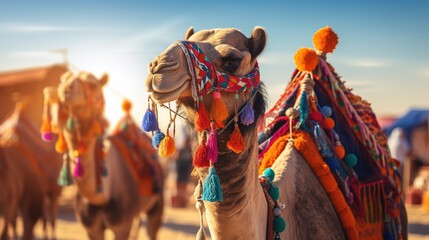 Camels with traditional dresses, close up. Camels, Camelus dromedarius, are desert animals who carry tourists on their backs