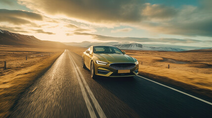 Fototapeta na wymiar A Modern Luxury Car Left Running in Iceland Blurry Background