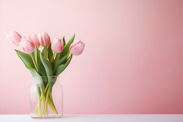 Beautiful bouquet of pink tulips in glass vase on white marble table and pink background. Space for text . Generated AI