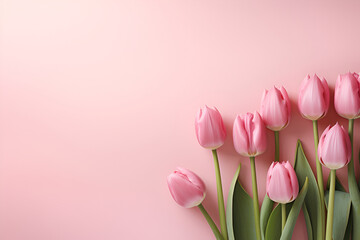 pink tulips flowers on pink background. Copy space. Generated AI