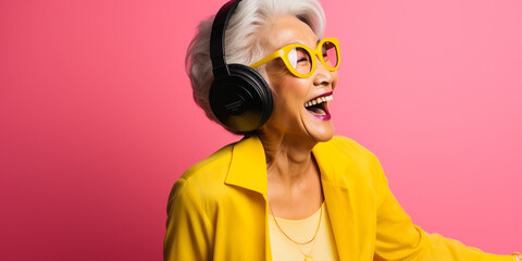 Obraz na płótnie Canvas Happy Asian Woman. Portrait of Beautiful Older Mid Aged Mature Smiling Woman in Yellow Clothes Isolated on Pink Background. Anti-aging Skin Care Face Beauty Product. Banner with Copy Space.