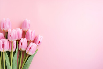 pink tulips flowers on pink background. Copy space. Generated AI