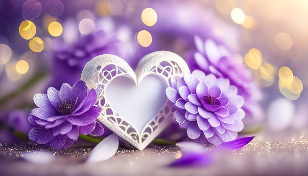 Valentine's day card with purple flowers and a white heart shaped frame