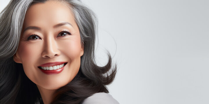 Happy Asian Woman. Portrait of Beautiful Older Mid Aged Mature Smiling Woman Isolated on Grey Background. Anti-aging Skin Care Face Beauty Product. Banner with Copy Space.