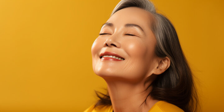 Happy Asian Woman. Portrait of Beautiful Older Mid Aged Mature Smiling Woman Isolated on Yellow Background. Anti-aging Skin Care Face Beauty Product. Banner with Copy Space.