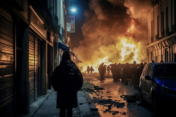 A large fire illuminates a night-time street scene, with people gathered around and a person walking away in the foreground, ai generative