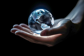 A hand gently cradles a small, illuminated globe that appears to float above it, set against a black background, ai generativ