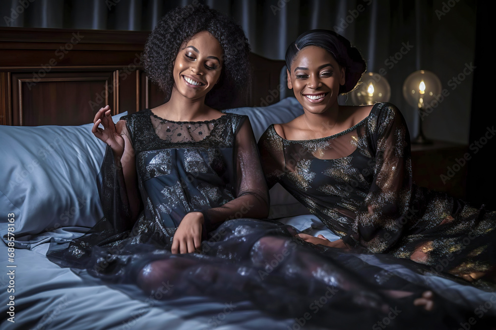 Wall mural two black woman in black dresses are sitting on a bed in a dimly lit room adorned with fairy lights,