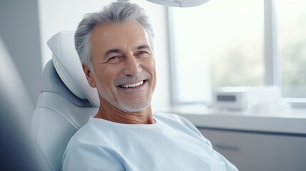 An elderly man at the dental clinic smiles a smile with white, straight teeth. An appointment with a dentist - obrazy, fototapety, plakaty