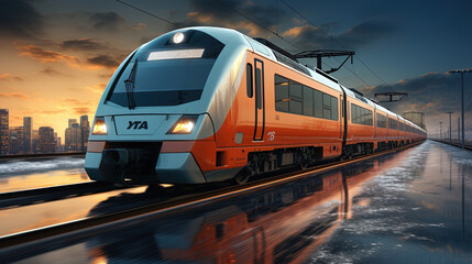 Naklejka premium Modern Bullet Train Travel Through Metro City Background