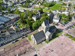 Sainte Mere Eglise Normandy France Overhead birds eye drone aerial view  of church