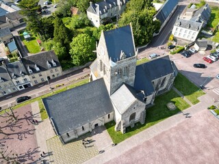 Sainte Mere Eglise Normandy France drone,aerial Paratoopers perspective - obrazy, fototapety, plakaty