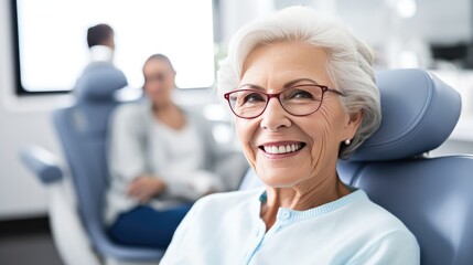 An elderly woman at the dental clinic smiles a smile with white, straight teeth. An appointment with a dentist - obrazy, fototapety, plakaty