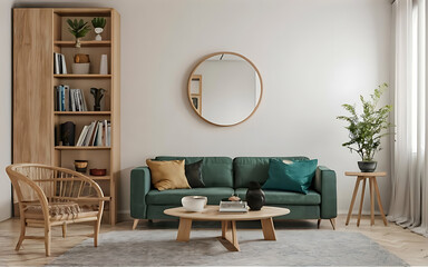 minimalist home interior design of modern living room Round curved grey sofa. Generative ai
