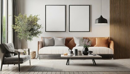 mock up posters frame on wall in modern interior background living room