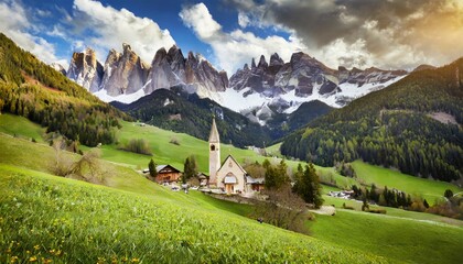 Fototapeta na wymiar famous best alpine place of the world santa maddalena village with magical dolomites mountains in background val di funes valley trentino alto adige region italy europe