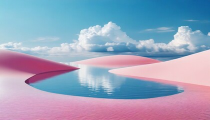 3d render modern abstract minimalist background water in the middle of the pink desert under the blue sky with white clouds fantasy landscape