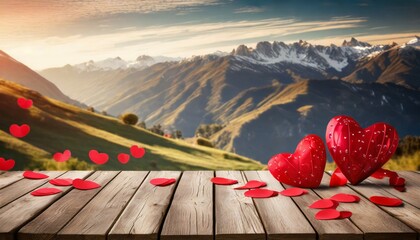 wooden deck table background with heart shape valentines day