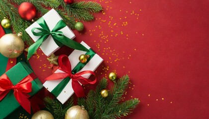 top view photo of green and red christmas tree balls pine branches white gift boxes with ribbon bows and golden confetti on red background with empty space