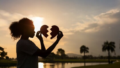 silhouette broken heart close up woman hand holding broken heart in the park