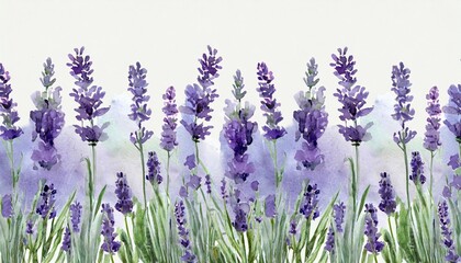 seamless border of tender watercolor lavender flowers border on background ai generated