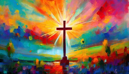 colorful painting art of an abstract background with cross christian illustration - obrazy, fototapety, plakaty