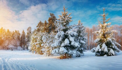 pine trees covered with snow on frosty evening beautiful winter panorama