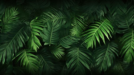 Fern Green leaves background. Green tropical fern leaves, monstera leaves, palm leaves, coconut leaf, fern, palm leaf, banana leaf. Panoramic jungle background.  - obrazy, fototapety, plakaty
