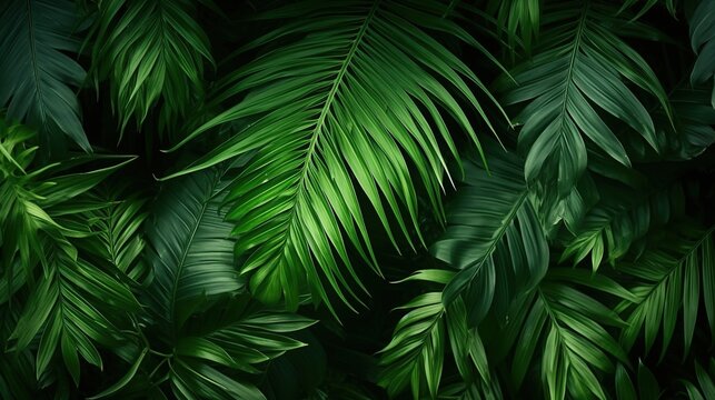 Fern Green leaves background. Green tropical fern leaves, monstera leaves, palm leaves, coconut leaf, fern, palm leaf, banana leaf. Panoramic jungle background. © Boraryn