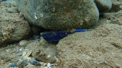 Plastic garbage underwater, Aegean Sea, Greece, Halkidiki. Sea pollution.