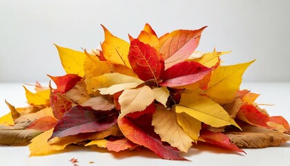 pile of autumn leaves on or white background