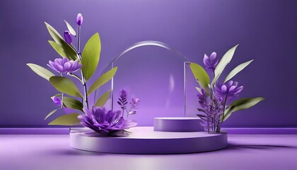 3d background product display podium with nature leaves flower glass wall stage showcase on pedestal display purple background studio trendy 3d render for social media banners promotion cosmetic