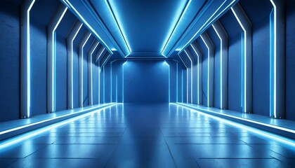 3d render blue neon abstract background ultraviolet light night club empty room interior tunnel or corridor glowing panels fashion podium performance stage decorations