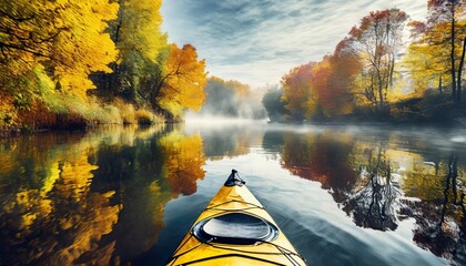 kayak sailing down a river on a sunny autumn day against yellow foliage trees and fog reflected in the water exploration of wild pristine nature and wanderlust concept ai generative - obrazy, fototapety, plakaty