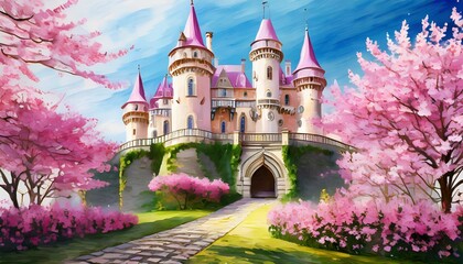 a beautiful fairytale inspired castle illustration with pink trees in front ai generated image - obrazy, fototapety, plakaty