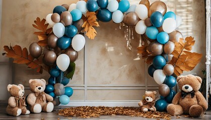 arch with bears on background balloons photo wall decoration space or place with beige brown blue...