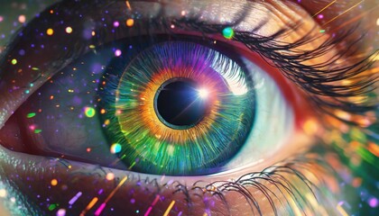 human multicolored iris of the eye animation concept rainbow lines after a flash scatter out of a bright binary circle and forming volumetric a human eye iris and pupil 3d rendering background 4k - obrazy, fototapety, plakaty