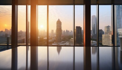 business office room light and bokeh from the setting sun morning modern office tower view at urban city background