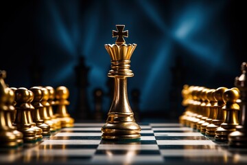 Gold king winner surrounded with gold chess pieces on chess board game competition. concept strategy, leadership and success business - obrazy, fototapety, plakaty