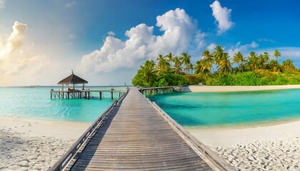 maldives island beach panorama palm trees and beach bar and long wooden pier pathway tropical...