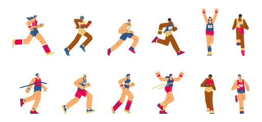 Fototapeta na wymiar Multinational Marathon runners vector flat illustrations set, cartoon male and female athletes in various motion poses