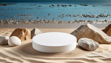 a white podium in round shaped placed on the beach sand with some stones modern minimal showcase scene for cosmetic products promotion