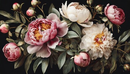 vintage bouquet of beautiful peonies on black floristic decoration floral background baroque old fashiones style natural flowers pattern wallpaper or greeting card - obrazy, fototapety, plakaty