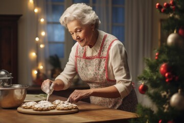 Beautiful elder woman in her kitchen baking Christmas cookies or biscuits