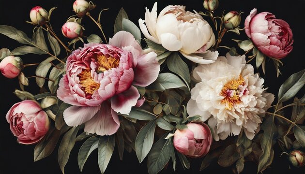 vintage bouquet of beautiful peonies on black floristic decoration floral background baroque old fashiones style natural flowers pattern wallpaper or greeting card