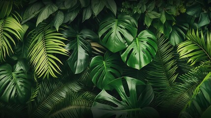 Green leaves background. Green tropical monstera leaves, palm leaves, coconut leaf, fern, palm leaf, banana leaf. Panoramic background - obrazy, fototapety, plakaty