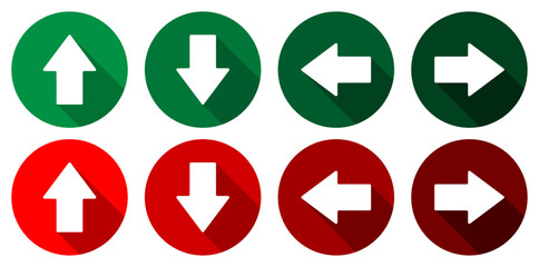 Up, down, left and right arrows. Red and green round icons with white arrows. - obrazy, fototapety, plakaty