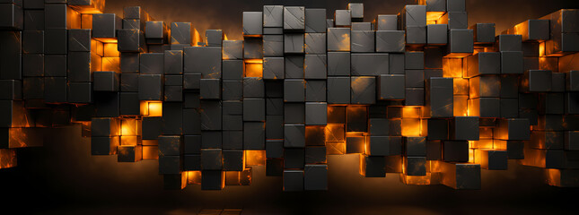 a black wall with orange bricks and yellow smoke, in the style of voxel art, backlight, cubist fragmentation of space, dark silver and light gold, cubo-futurism, glowing lights - obrazy, fototapety, plakaty