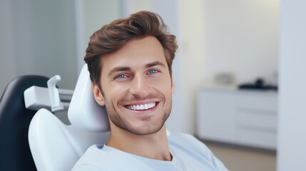 A young handsome man in a dentist chair smiling with beautiful white, healthy teeth. man with white teeth